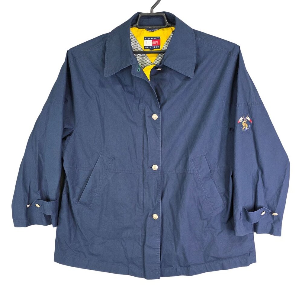 Womens Vintage Tommy Hilfiger Navy Blue Jacket Embroidered Logo Button Up Size L